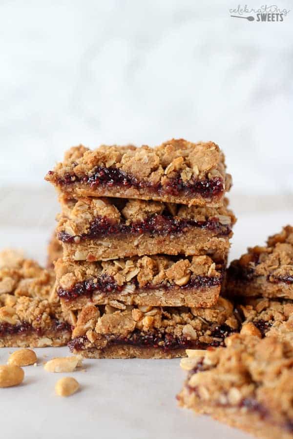 Stack of peanut butter and jelly bars.