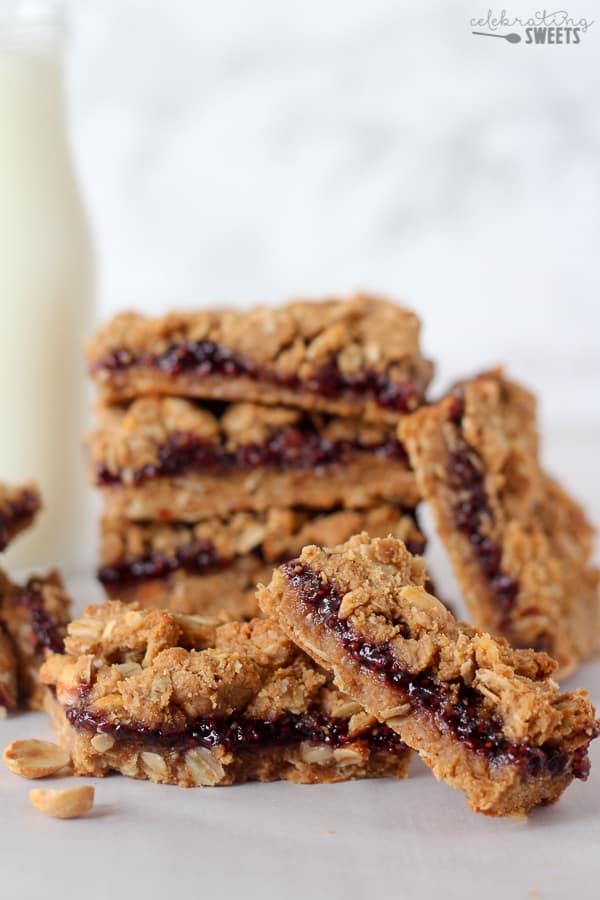Stack of peanut butter and jelly bars.