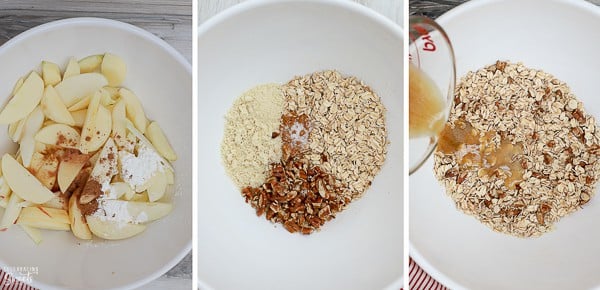 Ingredients in a white bowl for a healthy apple crisp