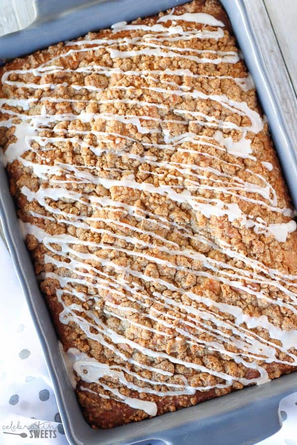 Crumb cake topped with icing.