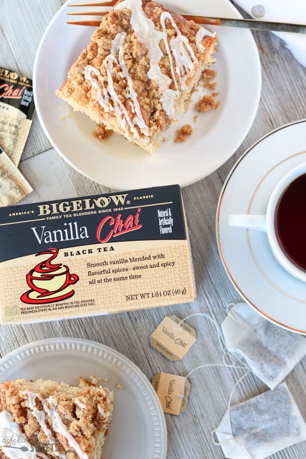 Cake and tea on a table.