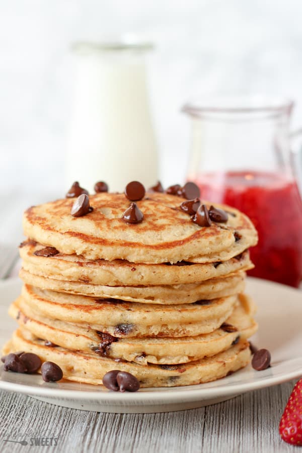 Stack of chocolate chip pancakes.