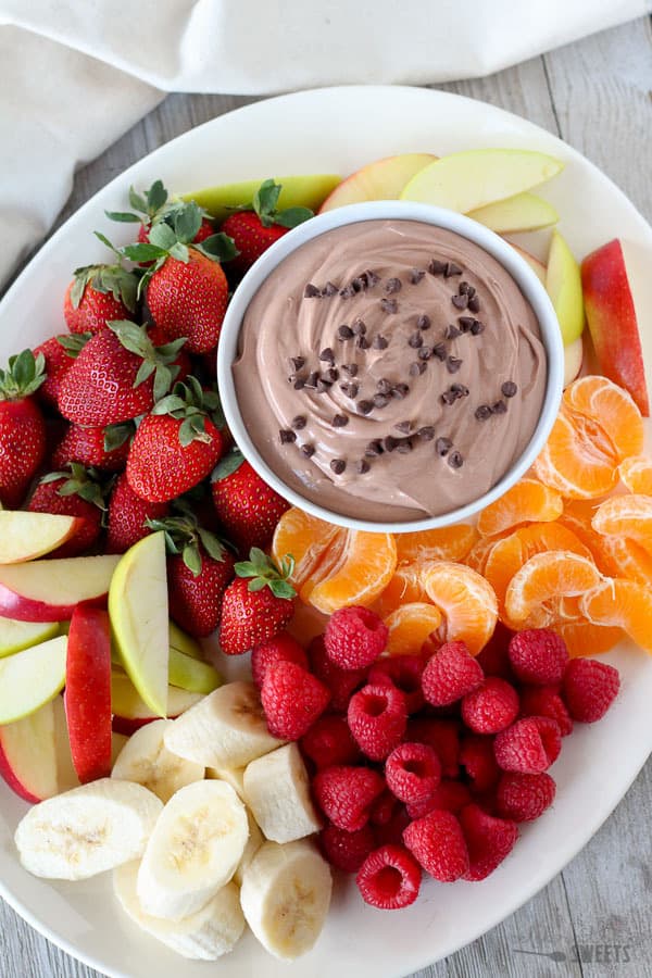 Fruit platter with chocolate dip.