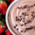 Closeup of chocolate dip in a white bowl.