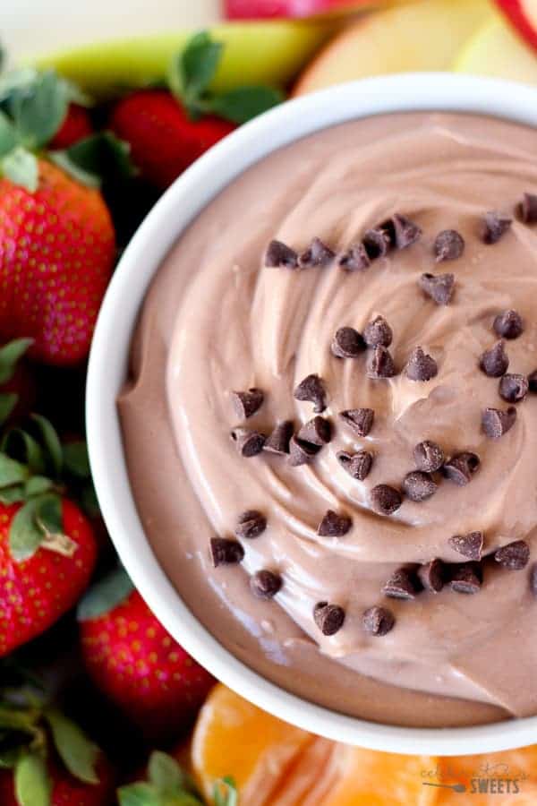 Closeup of chocolate dip in a white bowl.