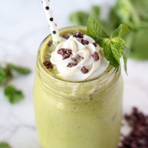 Mint chocolate chip smoothie in a glass topped with whipped cream.