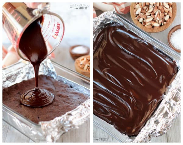 Chocolate frosting on a pan of brownies.