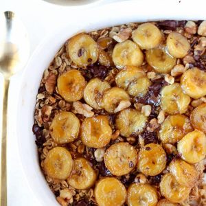 Baked oatmeal topped with sliced bananas.