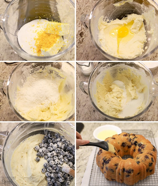 Step by step how to make Lemon Blueberry Cake (batter in glass bowl)