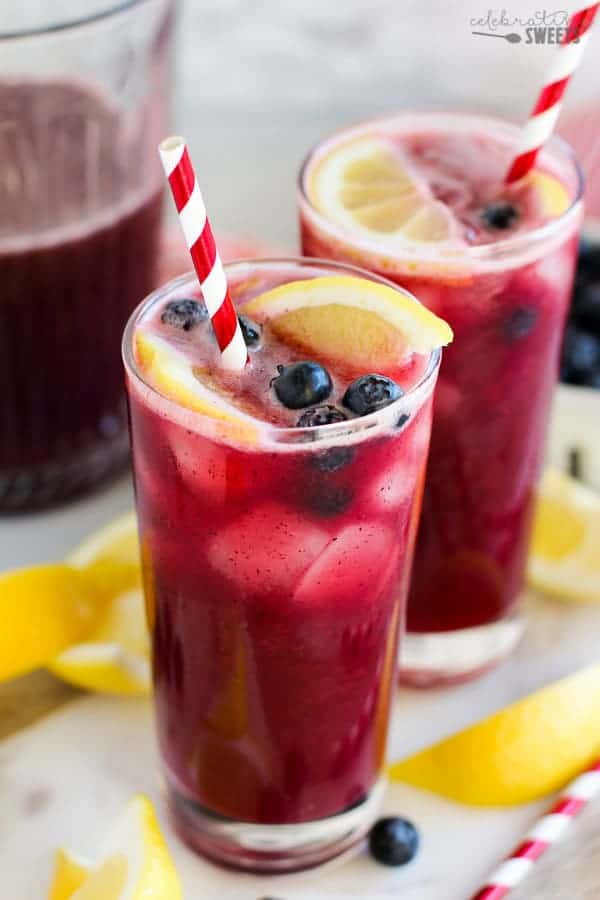 A close up of Blueberry Lemonade in a glass.