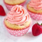 Close up of Strawberry Cupcake topped with strawberry buttercream