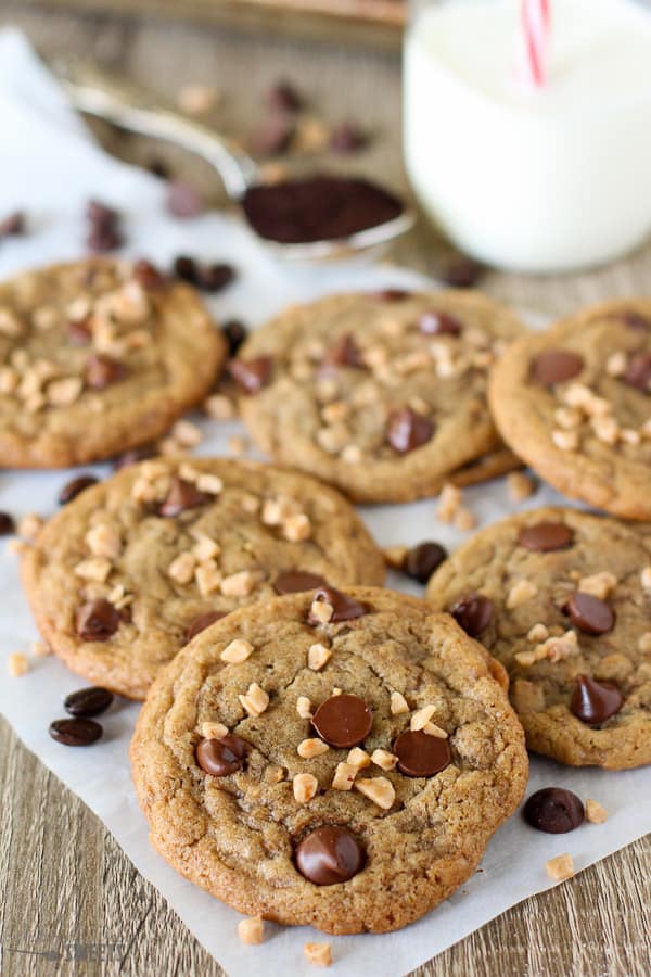 Chocolate chip cookies topped with toffee chips