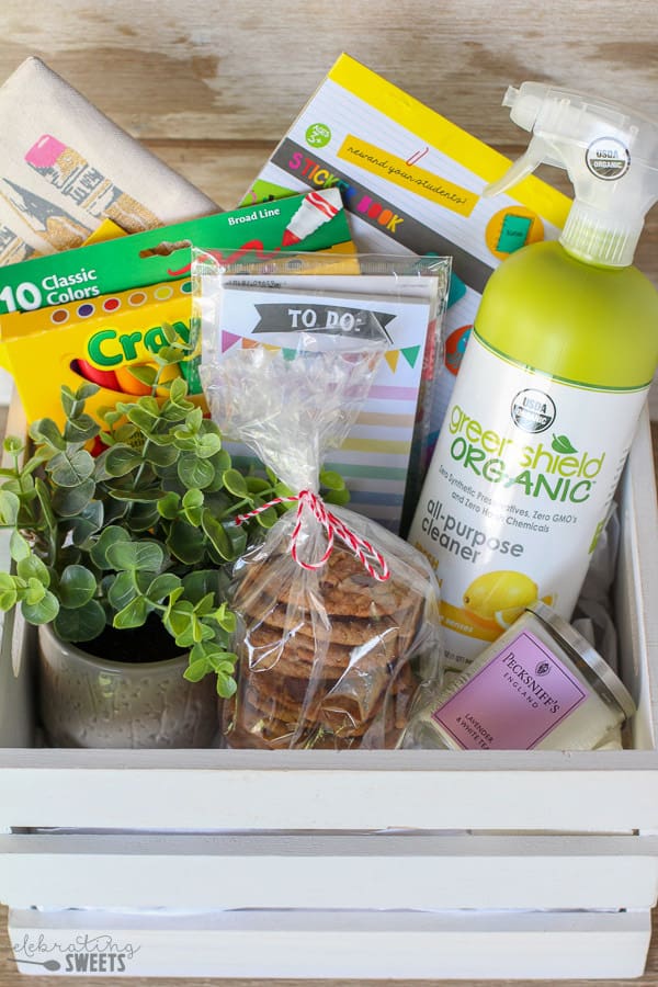 Back to school supplies in a wooden crate