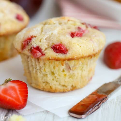 Strawberry Muffin on white parchment paper.
