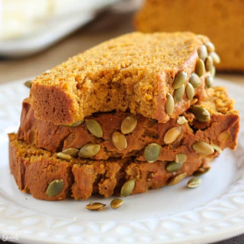 Slices of healthy pumpkin bread on a white plate.