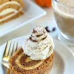 Pumpkin Roll brushed with espresso and served with espresso whipped cream. All the flavors of a Pumpkin Spice Latte in cake!