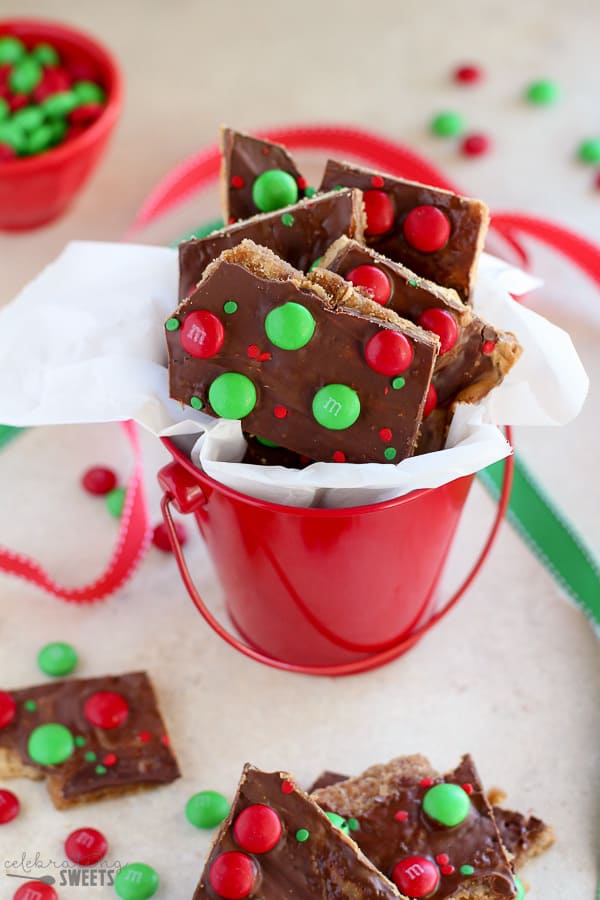 Christmas Toffee Bark in a red pail