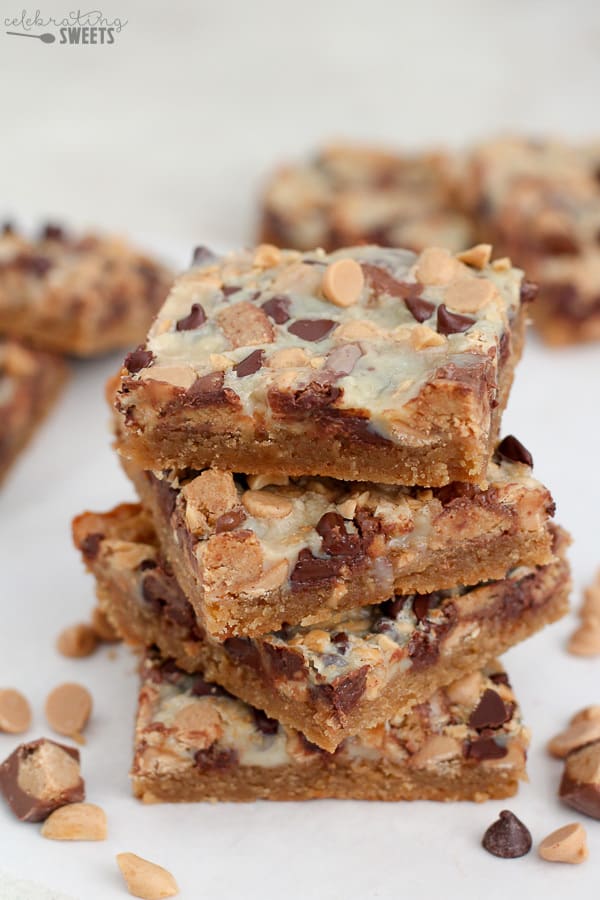 Stack of Peanut Butter Cup Magic Cookie Bars