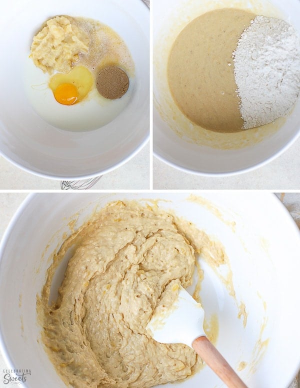 Banana pancake batter in a large white bowl.