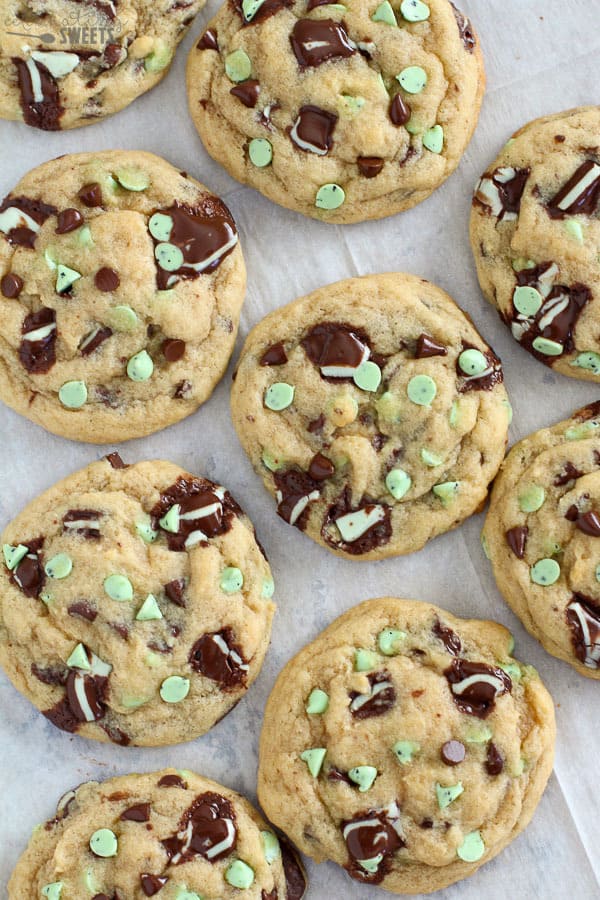 Mint Chocolate Chip Cookies on a baking sheet.