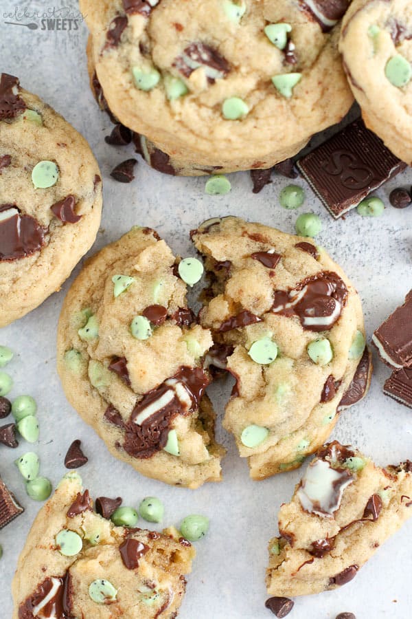 Warm Mint Chocolate Chip Cookie on a piece of parchment paper.