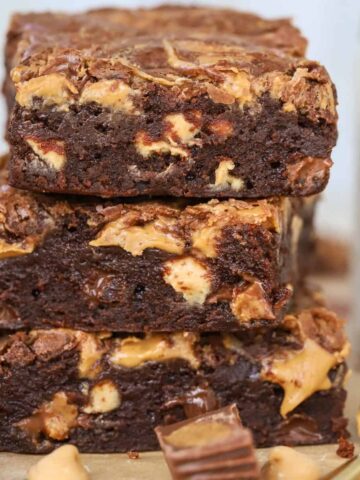 Stack of three peanut butter brownies