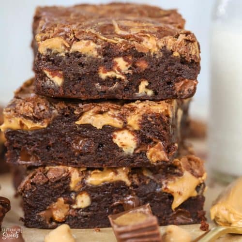Stack of three peanut butter brownies