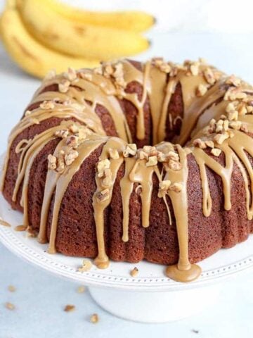 Banana Cake on a white platter,