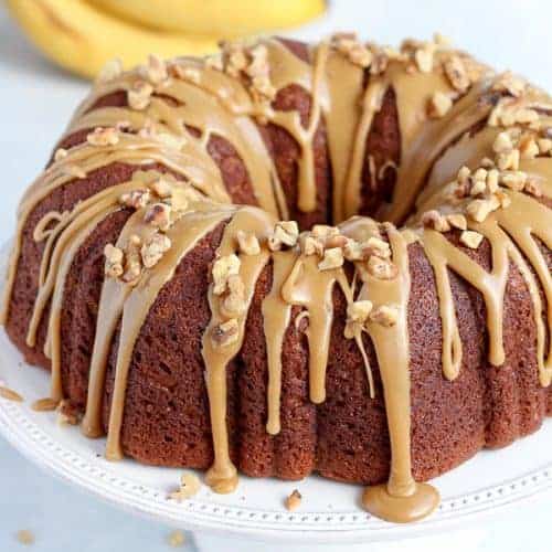 Banana Cake on a white platter,