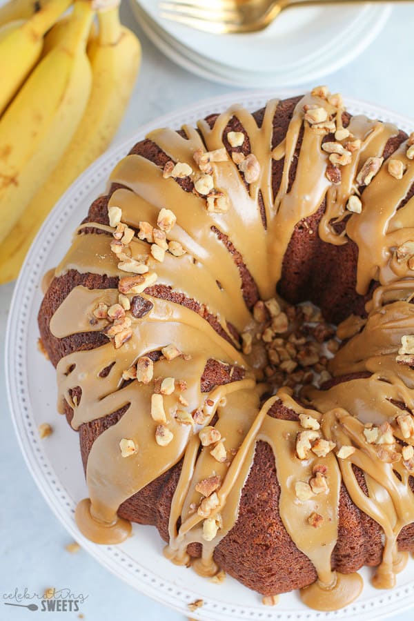 Banana Bundt Cake topped with Brown Sugar Glaze and Walnuts