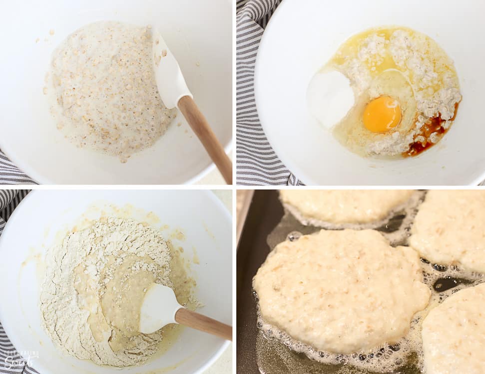 Pancake batter in a large bowl and cooking on a skillet.