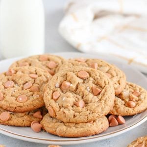 Peanut Butter Butterscotch Cookies on a white plate.