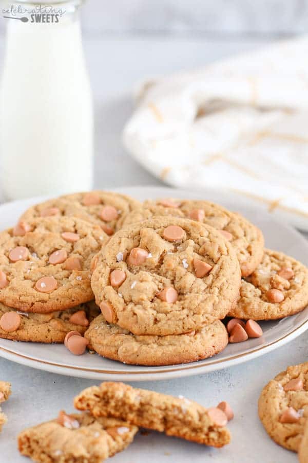 Peanut Butter Butterscotch Cookies on a white plate.