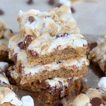 Stack of s'mores bars on foil
