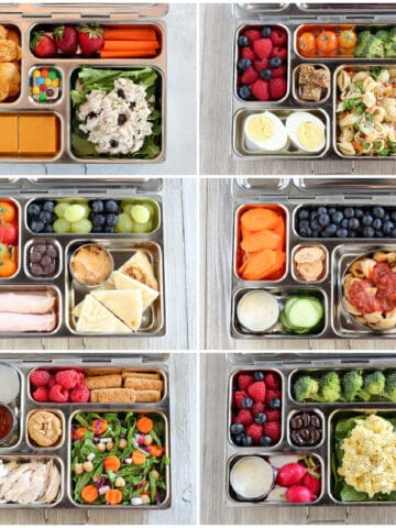 Various packed luchbox foods in a metal tin