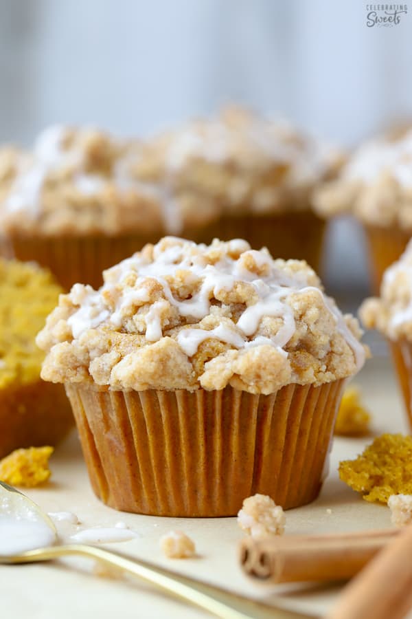 Pumpkin crumb muffin on parchment paper.