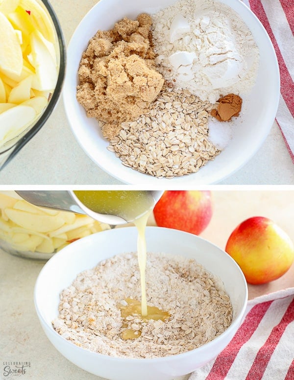 Apple crisp topping in a white bowl.