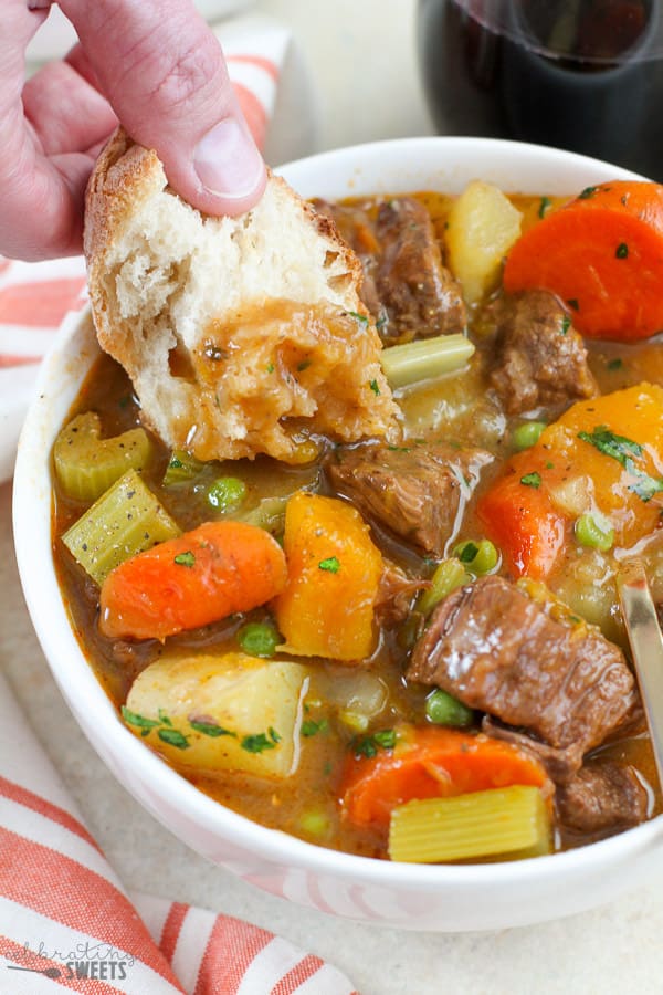 Beef stew in a white bowl