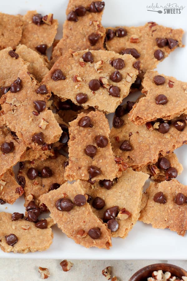 Close up of Chocolate Chip Cookie Brittle on a white plate.