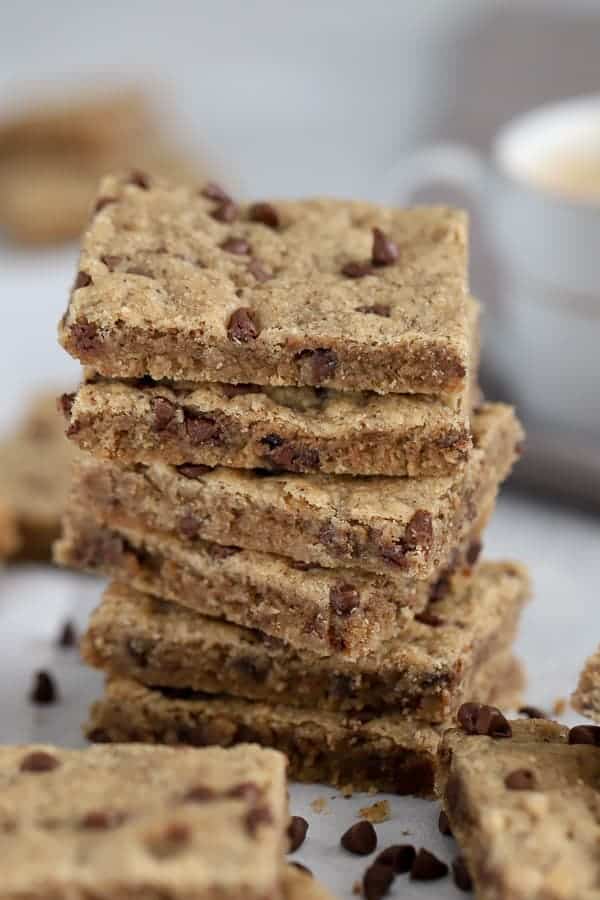 Stack of espresso chocolate chip shortbread cookies