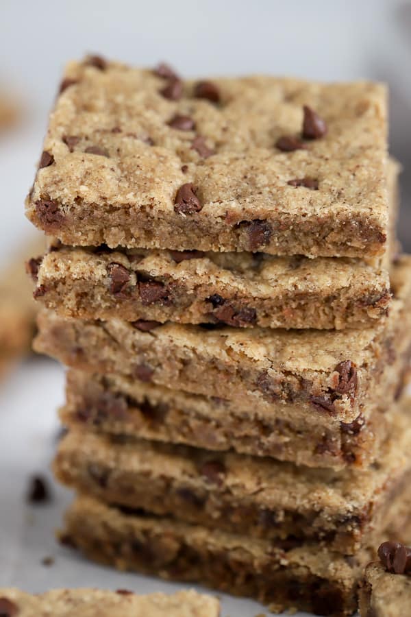 Stack of espresso chocolate chip shortbread cookies