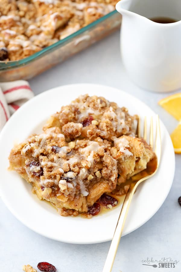 Baked french toast on a white plate