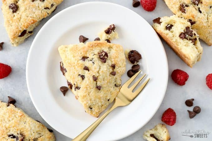 Chocolate Chip Scone on a white plate with a gold fork.