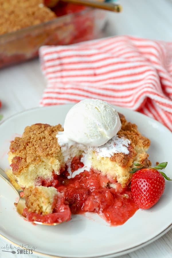 Strawberry Crumb Cake with a scoop of vanilla ice cream.