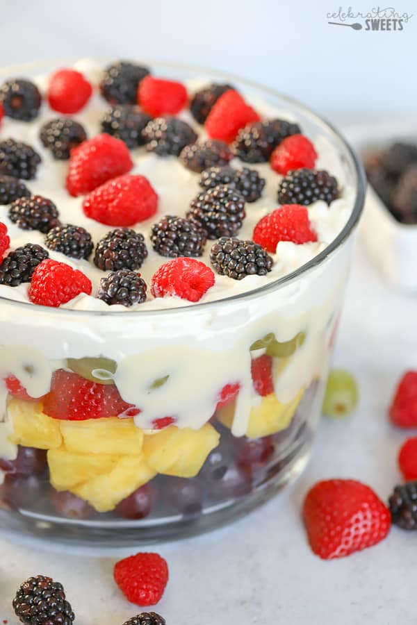 Layered fruit trifle topped with whipped cream and berries.