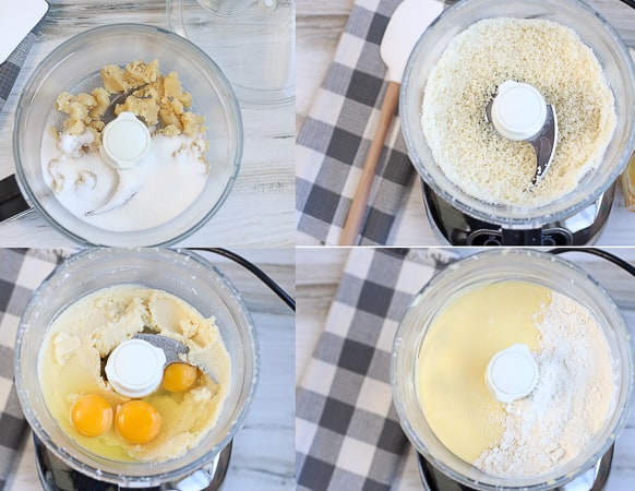 Ingredients (almond paste, sugar, eggs, flour) in a food processor to make almond cake.