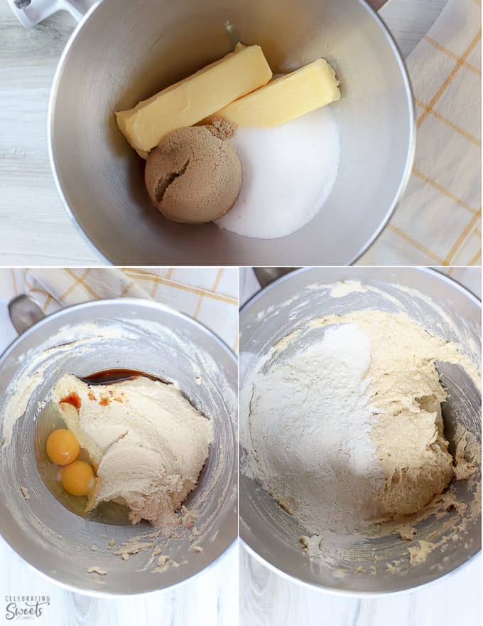 Step by step how to make snickerdoodles: ingredients (butter, sugar, eggs, flour) in a grey bowl.