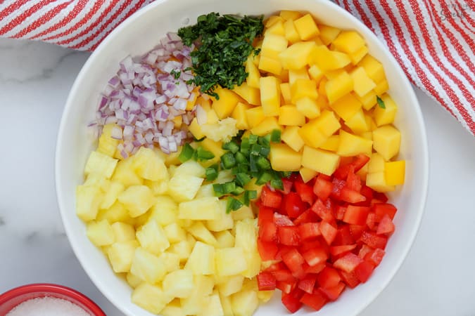 Salsa ingredients in a white bowl (mango, pineapple, red pepper, onion, parsley and jalapeno)