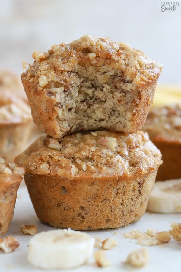 One banana nut muffin tacked on top of another.