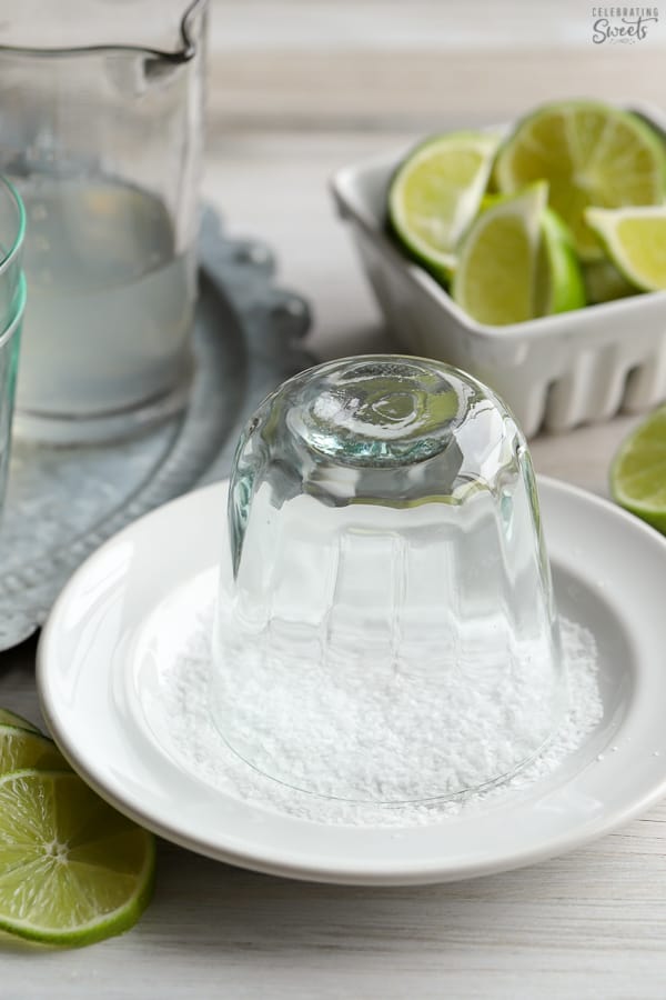 Glass dipped in salt for frozen margaritas.